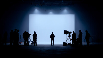 Silhouetted film crew on busy studio set with lighting rigs, cameras, and white screen backdrop—cinematic soundstage scene capturing behind-the-scenes teamwork and filmmaking atmosphere