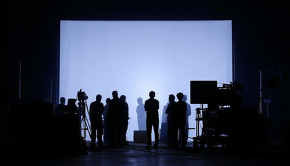 Silhouetted film crew on busy studio set with lighting rigs, cameras, and white screen backdrop—cinematic soundstage scene capturing behind-the-scenes teamwork and filmmaking atmosphere