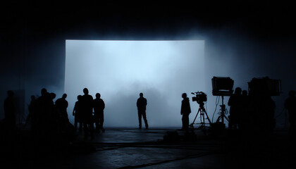 Silhouetted film crew on busy studio set with lighting rigs, cameras, and white screen backdrop—cinematic soundstage scene capturing behind-the-scenes teamwork and filmmaking atmosphere