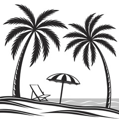 Obraz premium Tropical Beach Paradise with Palm Trees and Lounge Chair Under a Striped Umbrella
