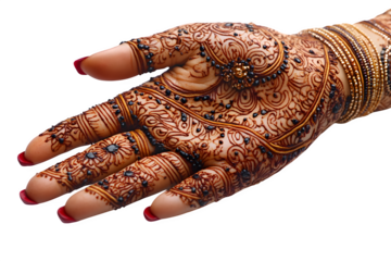 Henna hand pattern detail, intricate bridal mehndi isolated on white