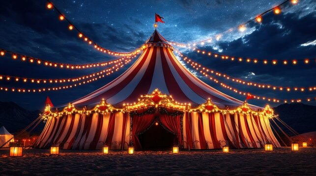 A brightly lit, red and white striped circus tent glows under a starry night sky, adorned with string lights and surrounded by lanterns.