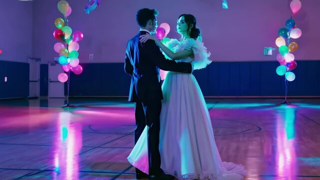 Elegant couple in formal dress moving gracefully on empty decorated gym floor evokes romance intimacy nostalgia milestone memory