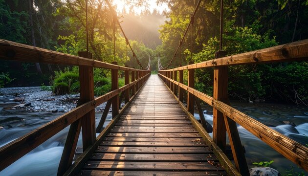 Serene Suspension Bridge over a Calm River at Sunrise - Powered by Adobe
