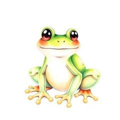 Obraz premium Cute cartoon frog smiles with big eyes, ideal for kids' designs and educational purposes.