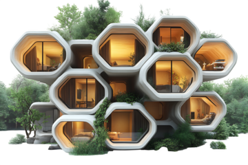 Honeycomb apartment complex with hexagonal balconies, bee-inspired urbanism isolated on white