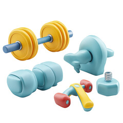 Fitness Equipment Cartoon Collection Weights Dumbbells Ab Roller Exercise on transparent background
