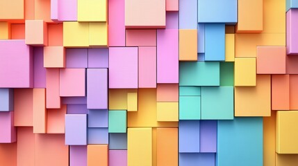 Colorful 3D blocks arranged in a geometric, abstract pattern with pastel shades of pink, purple, yellow, blue, green, and orange.