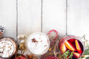 Winter hot drink cafes menu, with mulled wine, eggnog and hot chocolate