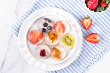 Fruit Raindrop Cake, or Mizu Shingen Mochi, clear jelly dessert