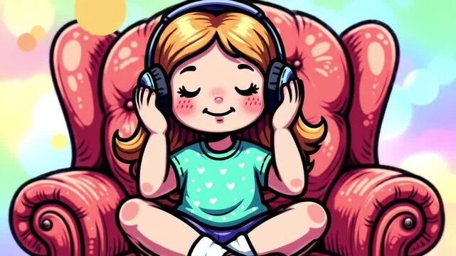 Beldade sorridente e garoto dan&ccedil;a com fone de cabe&ccedil;a, curtindo a m&uacute;sica em caricatura colorida.