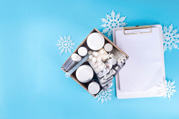 Box with various medicines, pills, sprays for cold and flu viruses treatment