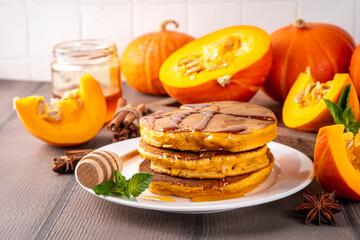 Autumn breakfast dessert, pumpkin pancakes