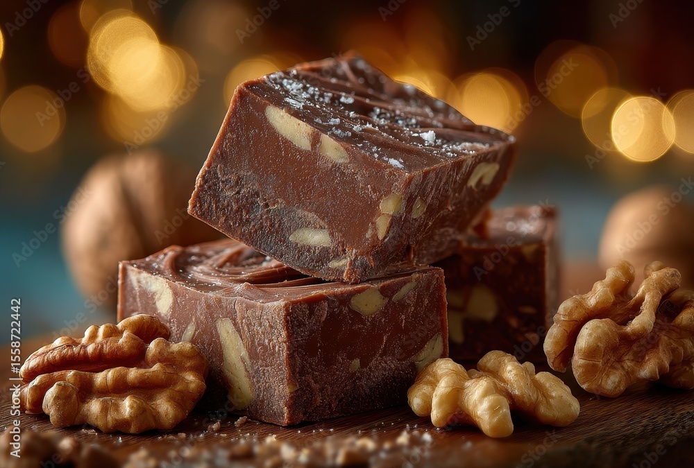 Poster rich and creamy chocolate fudge with walnuts on a rustic wooden board with warm bokeh background and