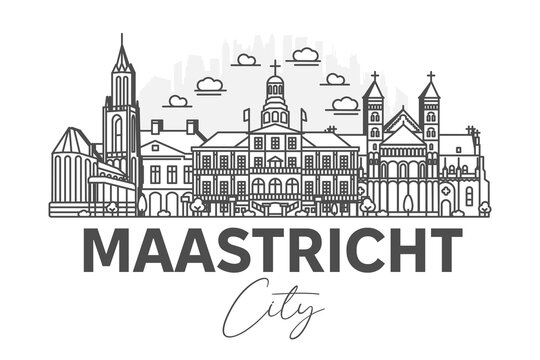 Maastricht, Netherlands architecture line skyline illustration with shadows. Linear vector cityscape with famous landmarks, city sights, design icons.
