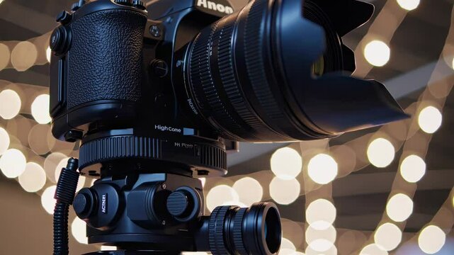Digital camera closeup dslr mirrorless equipment on surface warm bokeh lights background photography technology media content creation hobby profession ready moment