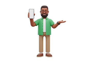 Man presenting smartphone isolated on transparent background