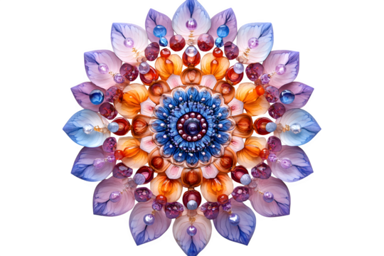 Kaleidoscopic mandala in jewel tones, psychedelic symmetry isolated on white