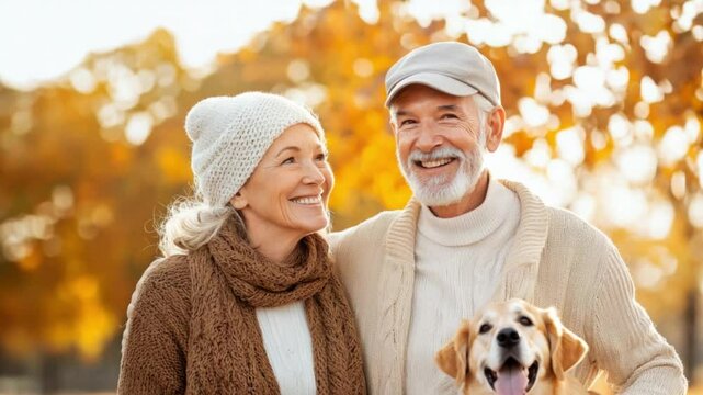 joyful senior couple in autumn park with dog, retired couple bonding in fall foliage, happy senior couple walking with dog in autumn, elderly couple enjoying fall day outdoors 