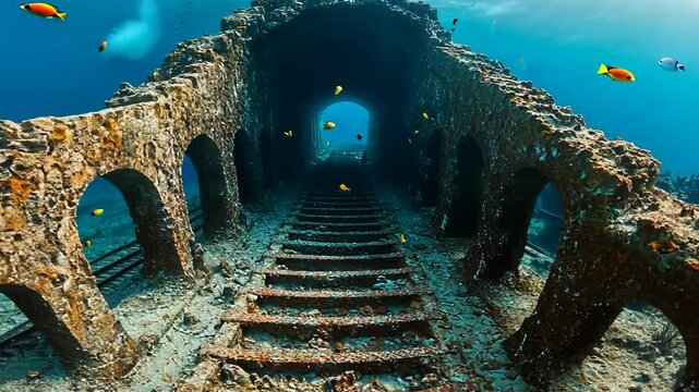Underwater shipwreck ruins with archways and steps