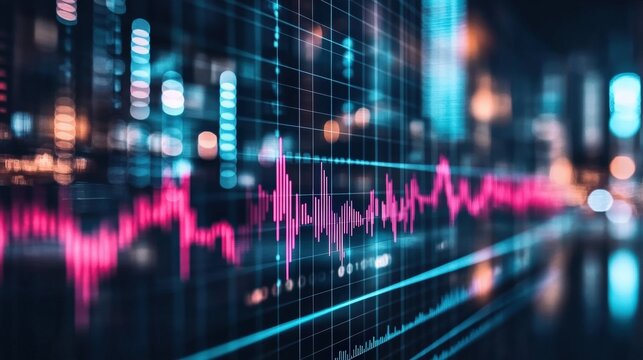 A futuristic digital stock market graph with neon pink and blue lines, overlaid on a blurred cityscape background, representing financial data and trading activity. - Powered by Adobe