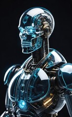 Futuristic Transparent Blue Robot Portrait on Dark Blue Background