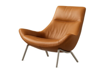 Stylish tan leather lounge chair isolated on transparent background, modern design