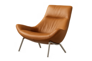 Stylish tan leather lounge chair isolated on transparent background, modern design