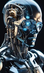 Glass-like AI Dummy Mannequin with Cybernetic Design in Blue Tones
