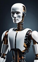 White Plastic Robot Dummy Portrait on Dark Blue Background