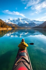 Kayaker paddles across a serene turquoise lake towards snow capped mountains