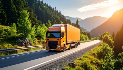 Bright Orange Truck Driving on Scenic Mountain Road at Sunset