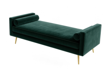 Elegant green velvet bench isolated on transparent background, modern furniture