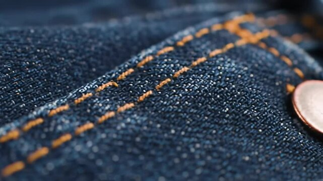 Close-up detail of durable blue denim jeans fabric highlighting contrasting orange stitching, textured material, and a classic metal rivet seam.