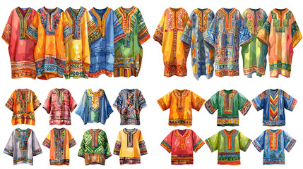 Colorful watercolor illustration of traditional African dashiki shirts with bold ethnic patterns, ideal for fashion, cultural, and heritage artwork.

