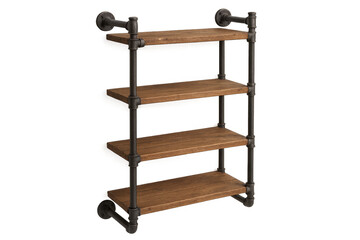 Industrial style shelving unit with four wooden shelves on transparent background