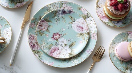 Floral china dinnerware set vintage style plates and gold cutlery for elegant table setting decor
