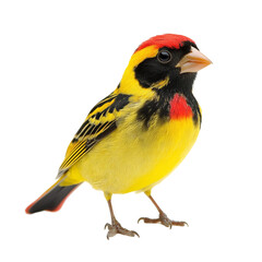 Fototapeta premium Vibrant yellow bird with red and black accents striking pose against black background