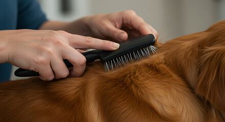 Grooming a Golden Retriever with a Black Brush.