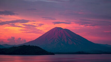 Volcanic eruption seen from hilltop over vast rugged terrain.