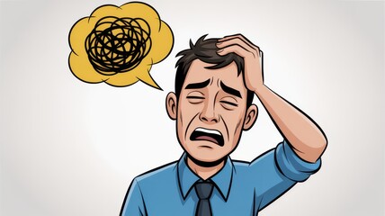 Cartoon man feeling stressed and overwhelmed, holding head with frustrated expression and confusion symbol above indicating anxiety or mental overload.