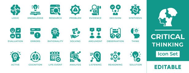 Critical Thinking Icon Set. Features icons of analysis, problem solving, logic, decision making, and brainstorming. Perfect for education, strategy, and business use.