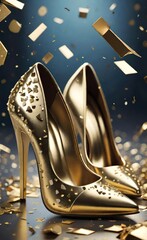 Elegant Gold High Heel Pumps with Glittering Confetti on Dark Blue Background – Luxury Party Fashion