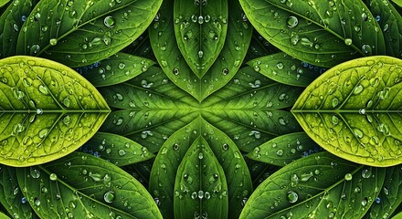 Fototapeta premium Fresh green leaves with water drops wallpaper nature background plant leaf foliage greenery dew drops beauty