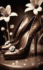 Vintage Glamour: Classic High-Heel Patent Leather Pumps with Floral Decor on Sepia Retro Style Background