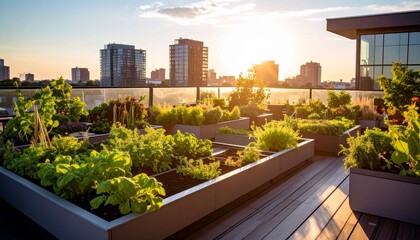 Fototapeta premium Urban Rooftop Garden Sustainable Gardening in Cityscapes