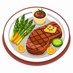 Grilled steak on a plate vector with side of asparagus and potatoes, clean white background