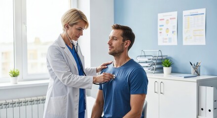 Fototapeta premium Female doctor examining male patient with stethoscope during medical checkup in modern clinic. Healthcare, diagnosis, and prevention.