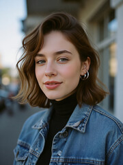 A white girl, 22 years old, with short brown wavy hair, wearing a black turtleneck sweater and a denim jacket in a city