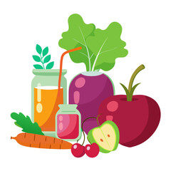 Juicing ingredients set – beets, apples, carrots – clean vector on white background